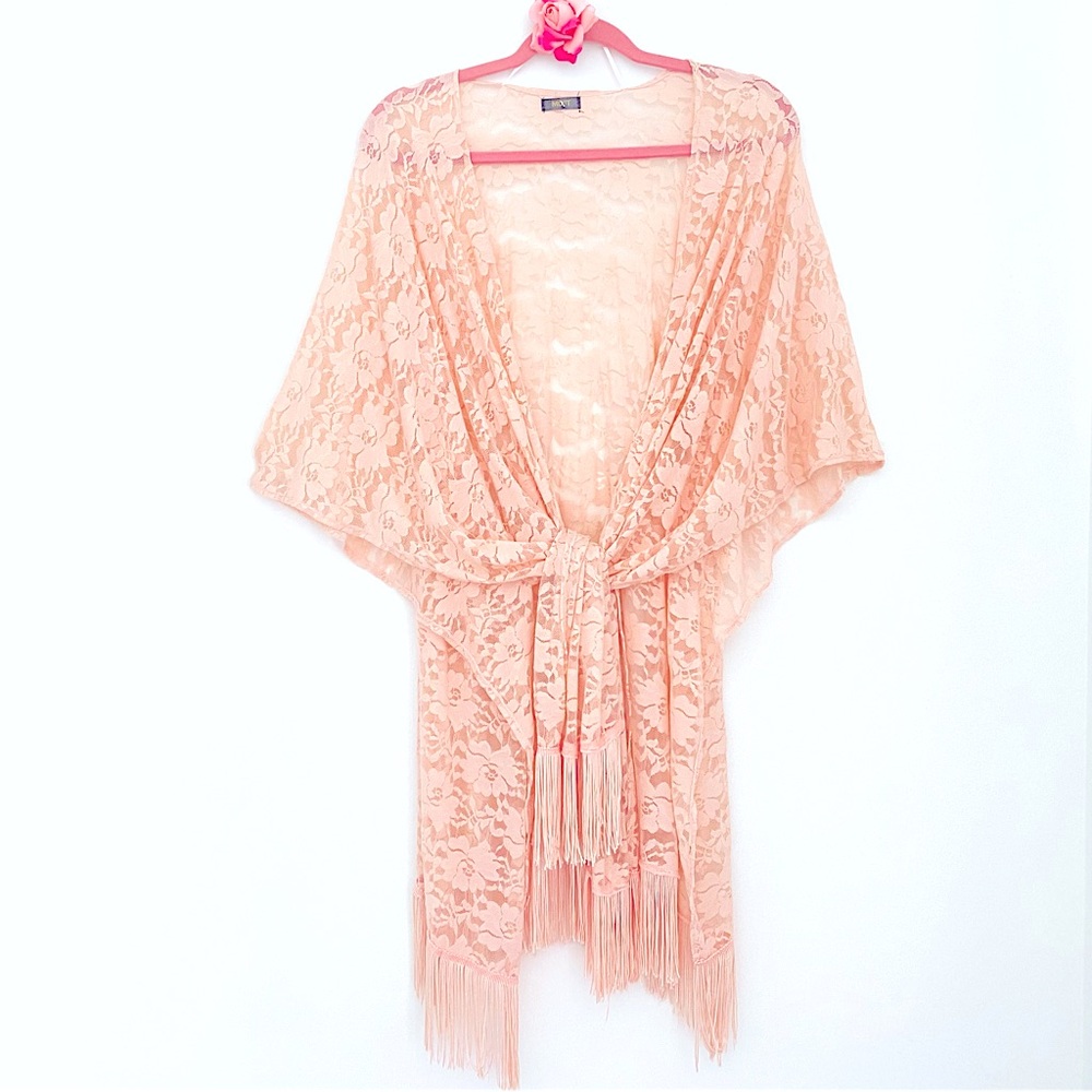 💕Pretty Pink Floral Lace Cover-Up with fringe SZ OS